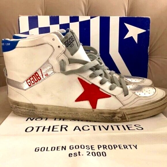 GOLDEN GOOSE MEN 2.12 RED STAR HIGH TOP SNEAKERS SHOES, WHITE SILVER, SZ 46 NIB! - Picture 1 of 13